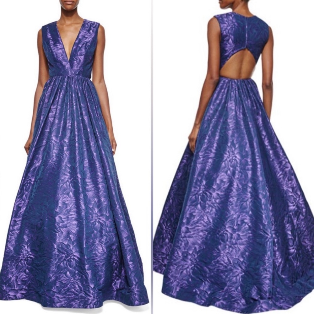 Monique Lhuillier Sleeveless Floral-Jacquard Open-Back Purple Blue Ball Gown 10